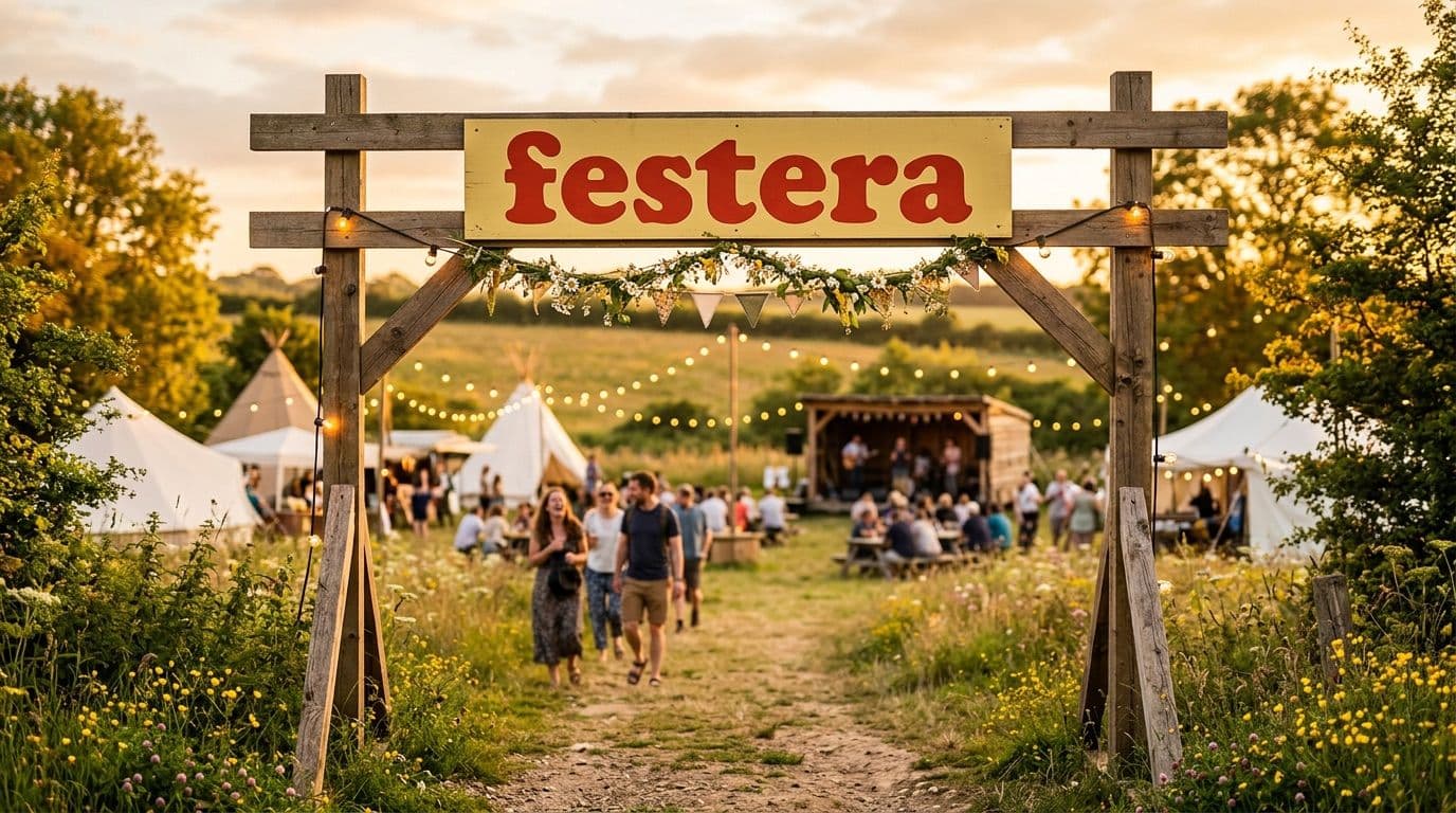 Dřevěná brána festivalu s červeným nápisem festera při západu slunce